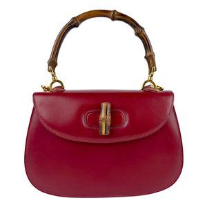 GUCCI Red Leather Bamboo Shoulder Bag